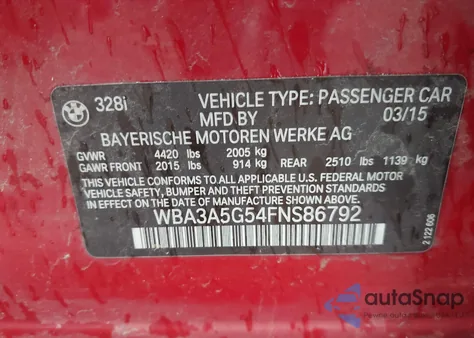 2015 BMW 328I from USA, damaged, VIN WBA3A5G54FNS86792